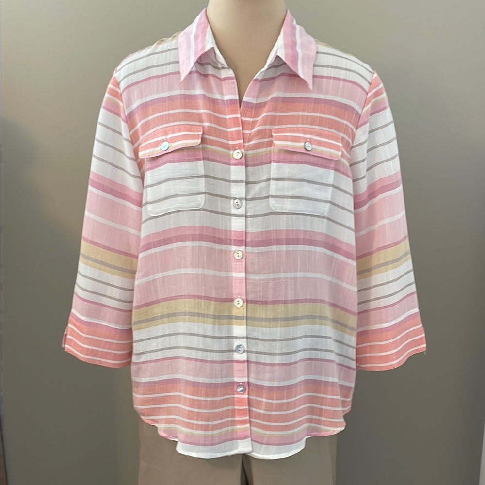 Alfred Dunner Women's English Garden Stripe Split Sleeve Button Down Shirt S